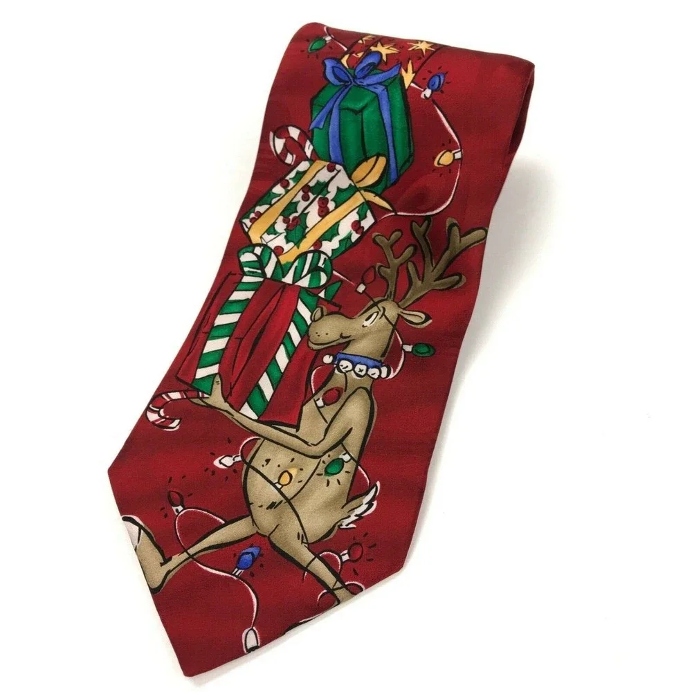 Noel Christmas Tie Holiday Reindeer Gifts String Light Holiday 100% Silk Necktie
